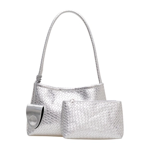 Silver woven shoulder bag and matching pouch set with metallic finish and minimalist style