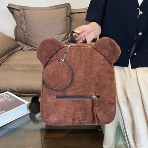 Damen Cord Süß Bärenohren Rucksack Umhängetasche Eimer Tasche Mit Rundem Beutel Für Den Alltag Reisen Studenten