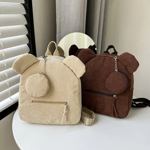 Cute Bear Ears Corduroy Backpack For Women Teens Mini Casual School Bag With Detachable Round Coin Purse Travel Daypack