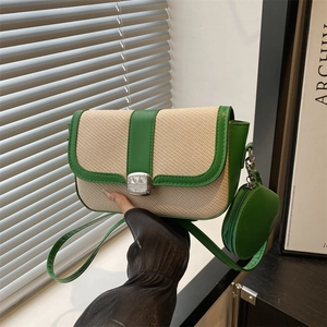 Women Crossbody Bag PU Leather Straw Woven Stitching Small Square Shoulder Bag With Round Coin Purse Adjustable Strap