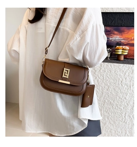 Braune Satteltasche mit goldener Schnalle und Mini-Etui als Umhängetasche
