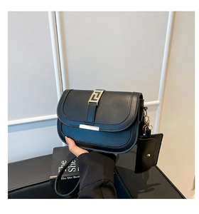 Nahaufnahme der schwarzen Satteltasche mit goldener Schnalle und kleinem Kartenetui