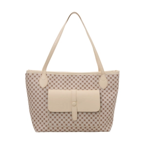 Large beige tote bag with brown geometric print and front pocket for women