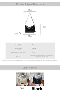 Detailed technical diagram showing dimensions and chain strap of this quilted crossbody bag