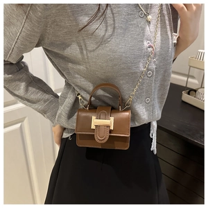 Detail of a brown leather mini bag with a gold square buckle and metal chain strap