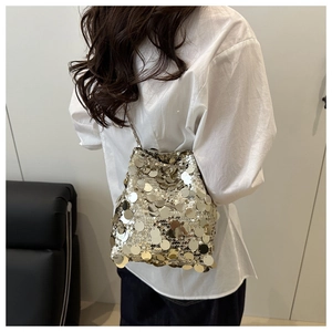 Detailed close-up of sequin bucket bag with metal chain strap and shimmering silver texture