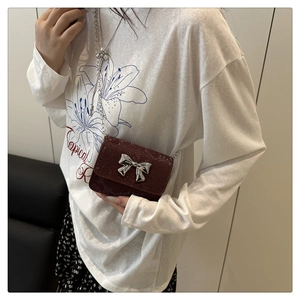 Close-up of wine red snake pattern mini bag with silver bow buckle and chain strap