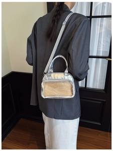 Silver metallic crossbody bag with clear PVC pocket and inner pouch for pins display
