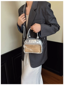 Borsa a tracolla argento metallizzato con finestra in PVC trasparente da esposizione