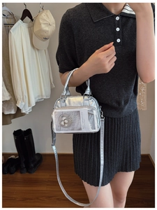 Borsa tote in PU argento metallizzato con tasca trasparente e tracolla regolabile