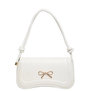 Minimalist white shoulder bag featuring a sweet golden bow buckle and knotted strap design