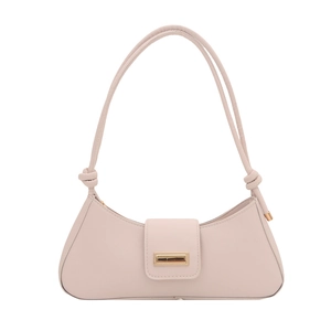 Sac baguette minimaliste en cuir beige avec boucle dorée et bandoulières à nœuds