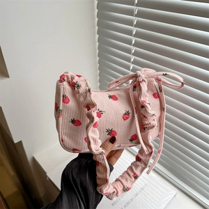 Women's Corduroy Strawberry Print Shoulder Bag Ruffled Strap Underarm Bag With Bowknot Sweet Casual Fashion Handbag