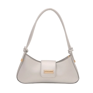Minimalist light grey leather baguette bag with a decorative knot and gold buckle