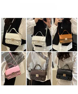 Collage of chic tote bags with all-over M print and solid flaps in various colors