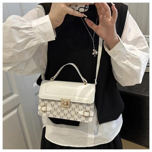 Detail of monogram print handbag with golden metal lock and white leather flap detail
