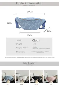 Detailed view of floral Oxford fabric sling bag showing dimensions and color options