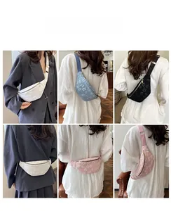 Detailed views of embossed canvas chest bags showing multiple stylish wearing ways