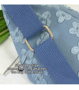 Close-up of golden metal ring connecting the 3D floral fabric bag and woven strap