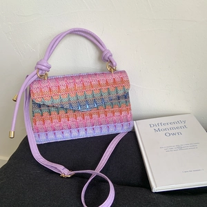 Woven Straw Crossbody Bag Multicolor Geometric Wave Pattern Bohemian Summer Vacation Handbag For Women