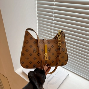 Vintage Monogram Underarm Bag Women PU Leather Shoulder Bag With Gold Chain Metal Lock Buckle Elegant Commuter Handbag