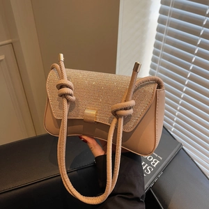 Sac Bandoulière Femme Rabat Pailleté Cuir PU Vintage Sac Sous Les Aisselles Serrure Métallique Dorée Bandoulière Nouée