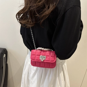 Quilted mini square crossbody bag in bright rose pink with pearl handle and chain
