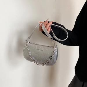 Borsa Sottobraccio Donna in Pelle PU Texture Increspata Borsa a Tracolla con Catena Argento Borsa a Spalla Minimalista per Uso Quotidiano