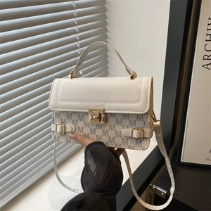 Fashion Women PU Leather Handbag M Letter Monogram Crossbody Bag with Metal Lock Commute Square Shoulder Bag