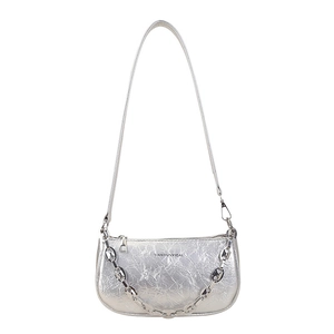 Borsa baguette metallizzata argento con tracolla a catena per donna stile moderno