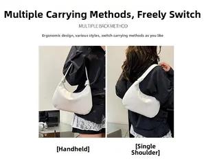 Detail of white crocodile textured crescent bag shown in handheld and shoulder carry modes