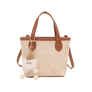 Mini sac cabas crème avec poignées brunes, imprimés chien cartoon et breloque peluche