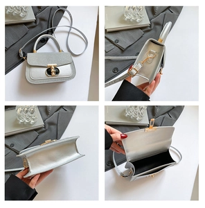 Detail shots of silver glitter crossbody bag with gold T-lock and interior view