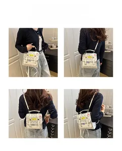 Versatile beige polka dot backpack shown in four ways: handbag, crossbody, and shoulder bag