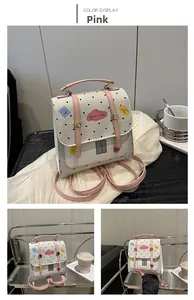 Close-up of pink leather straps and colorful cartoon patches on white polka dot backpack