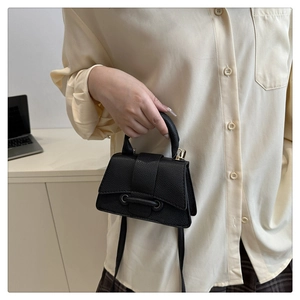 Detail of black litchi texture leather mini square handbag with decorative buckle