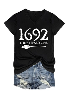 Detail of V-neck black cotton t-shirt with 1692 graphic print and denim shorts