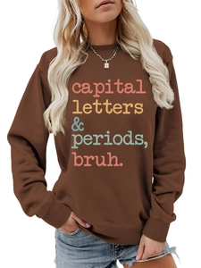 Detail of ribbed neckline and colorful vintage lettering on brown cotton sweatshirt