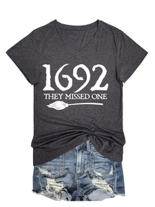 Detail of V-neck grey tee with 1692 they missed one print and distressed denim shorts