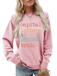 Detailed texture of pink casual sweatshirt with capital letters and periods bruh print