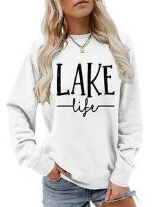 Detail of the Lake Life lettering print on a white casual long-sleeve sweatshirt