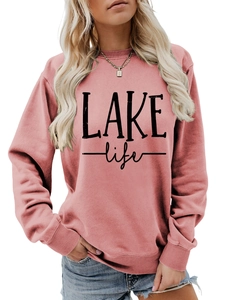 Close-up of Lake Life print on dusty rose crewneck sweatshirt with ribbed neckline