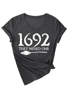 Detail of V-neck dark gray heather t-shirt with 1692 they missed one graphic and broom print