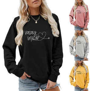 Detail of Vacay Mode print on soft crewneck sweatshirts in black, pink, grey and yellow