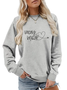 Detail view of grey crewneck sweatshirt with black vacay mode lettering and heart print