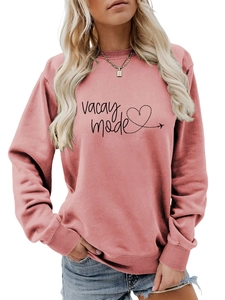 Detail of Vacay Mode print with airplane heart on dusty rose crewneck sweatshirt