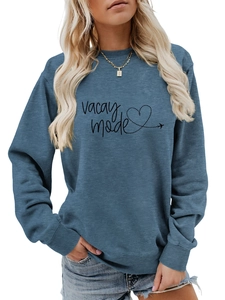 Detail of Vacay Mode print and airplane heart design on grey-blue crewneck sweatshirt