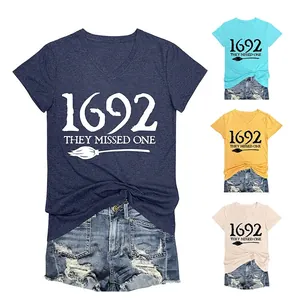 Women V Neck T Shirt Cotton Blend 1692 They Missed One Letter Print Broomstick Halloween Witch Casual Vintage Top