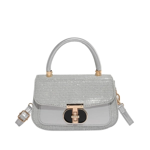 Sparkly silver sequin square handbag with gold buckle and adjustable strap for women