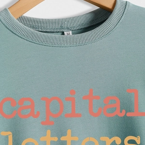 Blue crewneck sweatshirt with pink capital letters print on wood hanger